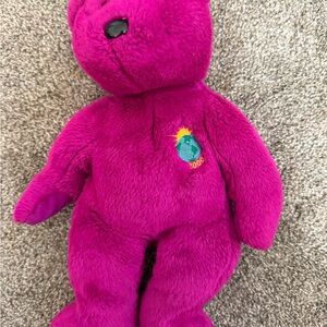 Ty Bright Purple Plush Bear with Embroidered Globe